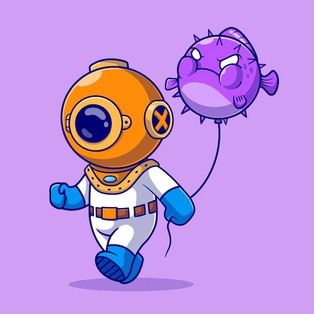 Vector gratuito cute diver holding angry puffer fish globo dibujos animados vector icono ilustración. icono de la naturaleza de la ciencia