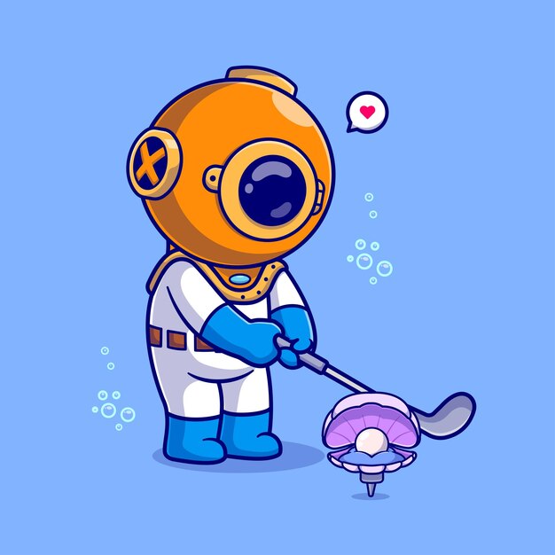 Cute Diver jugando al golf con Pearl Shell Ball Cartoon Vector Icon Illustration Science Sport Flat