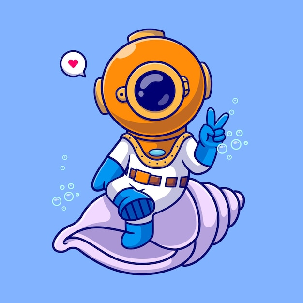 Vector gratuito cute diver peace hand on shell cartoon vector icon ilustración. ciencia naturaleza icono plano aislado