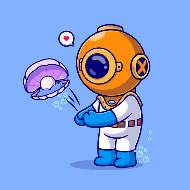 Cute Diver Playing Volley con Pearl Shell Ball Cartoon Vector Icon Illustration Science Sport Flat