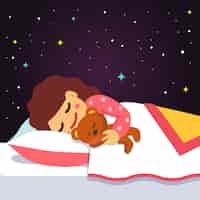 Vector gratuito cute dormir y soñar chica con osito de peluche