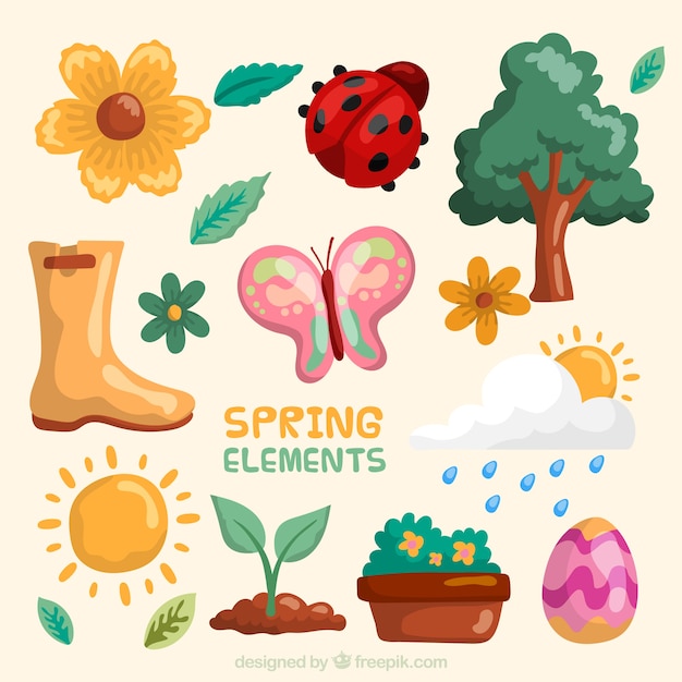 Vector gratuito cute elementos de primavera dibujado a mano