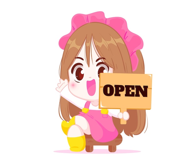 Cute girl holding shop open sign personaje de dibujos animados ilustración de arte de dibujos animados