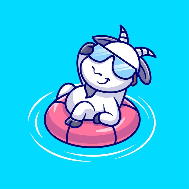 Cute Goat Chill en la piscina con gafas Cartoon Vector Icon Illustration Animal Holiday Icon