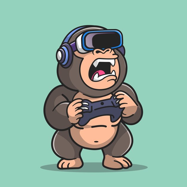 Cute Gorilla Playing Game Realidad virtual con Joystick Cartoon Vector Icon Illustration. Animal