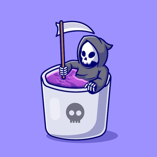 Vector gratuito cute grim reaper en la ilustración de dibujos animados de taza.