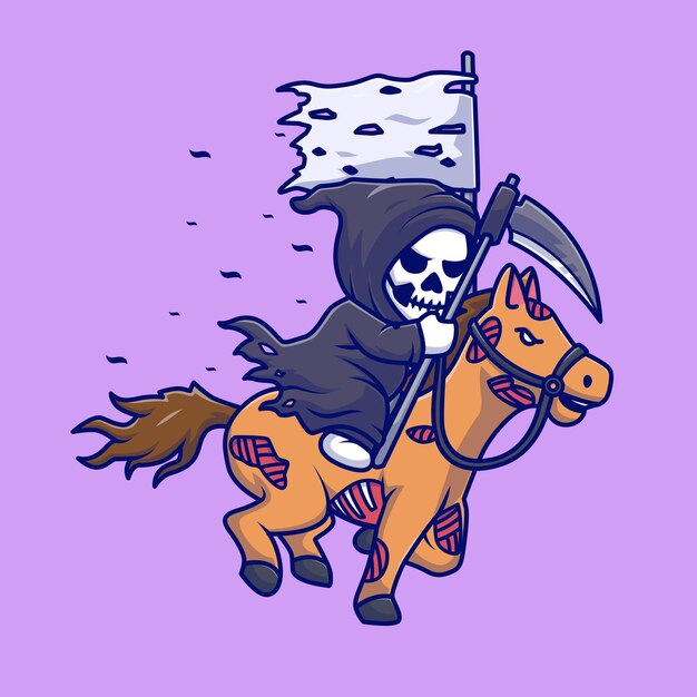 Cute Grim Reaper Riding Horse con Scythe Cartoon Vector Icon Illustration. Animal vacaciones aislado