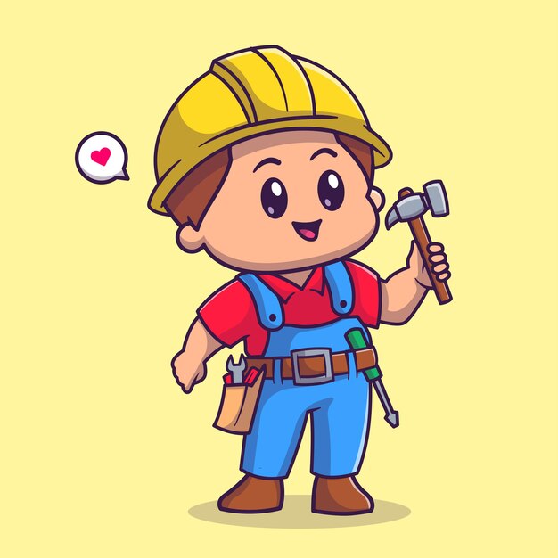 Cute Handyman Holding Hammer Cartoon Vector icono ilustración. Concepto de icono de construcción de personas aislado Vector Premium. Estilo de dibujos animados plana