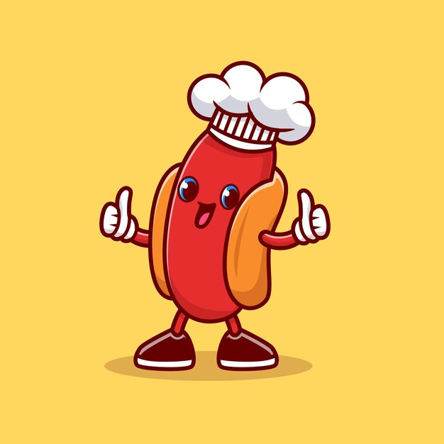 Cute Hot Dog Chef Thumbs Up Cartoon Icon Illustration. Concepto de icono de profesión alimentaria aislado. Estilo de dibujos animados plana