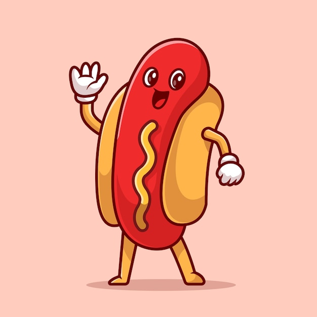 Vector gratuito cute hotdog agitando la mano dibujos animados vector icono ilustración comida objeto icono concepto aislado premium