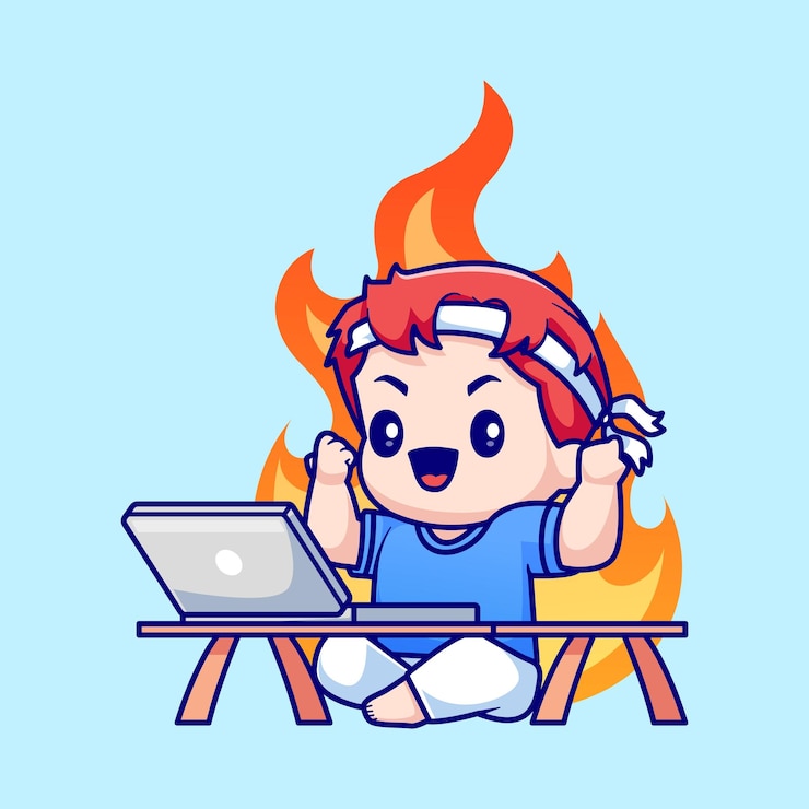 Vector gratuito cute man working on laptop with fire cartoon vector icon illustration people technology isolated