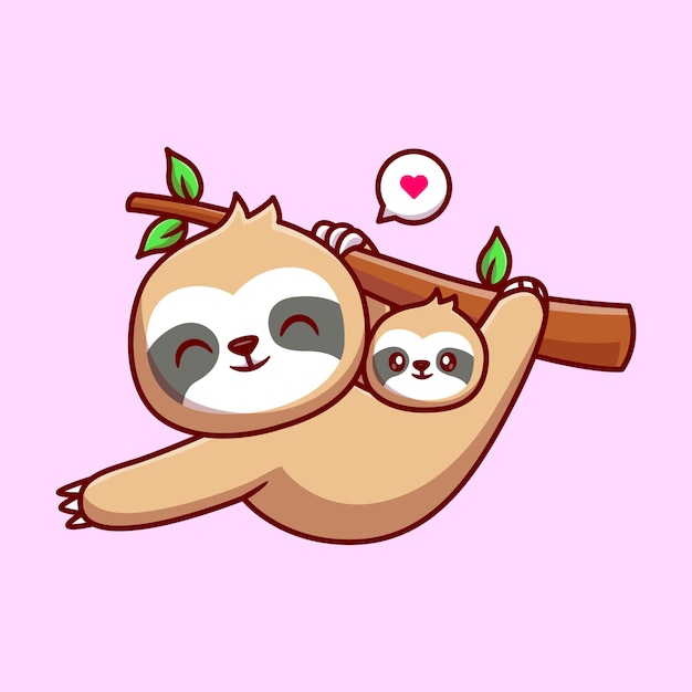 Vector gratuito cute mom sloth with baby sloth hanging on tree cartoon vector icon illustration. icono de naturaleza animal