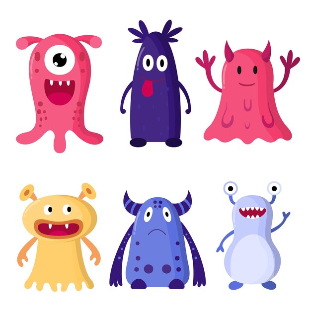 Cute Monsters Set Kids diseño de personajes de dibujos animados para carteles de productos para bebés logotipo y diseño de embalaje Ilustración vectorial