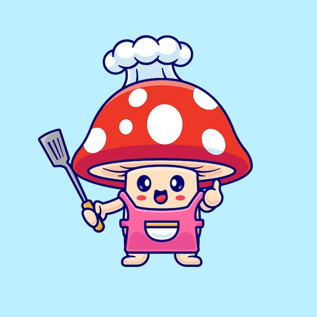 Vector gratuito cute mushroom chef holding spatula dibujos animados vector icono ilustración comida naturaleza icono aislado plano