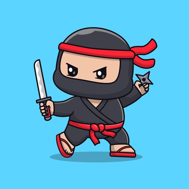 Cute Ninja Fighter Holding Sword and Shuriken Cartoon Vector Icon Illustration People Holiday Flat