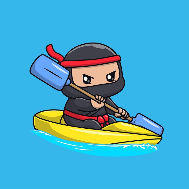 Cute ninja riding boat rafting cartoon vector icono ilustración gente vacaciones icono aislado plano