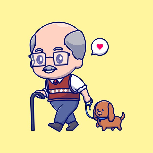 Cute Old Man Walking with Dog Cartoon Vector Icon Illustration. Concepto de icono de animales de personas aislado