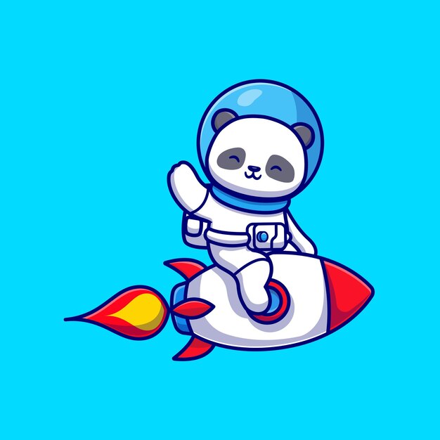 Cute Panda Astronaut Riding Rocket y agitando la mano Cartoon Vector icono ilustración. Concepto de icono de tecnología animal aislado Vector Premium. Estilo de dibujos animados plana