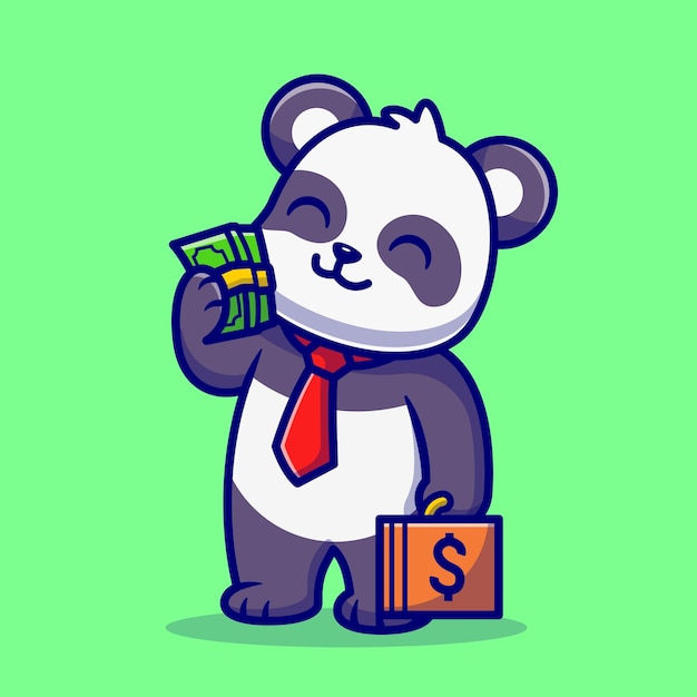 Cute Panda Business Holding Dinero Cartoon Vector Icon Illustration. Concepto de icono de negocio animal aislado Vector Premium. Estilo de dibujos animados plana