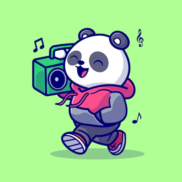 Cute panda escuchando música con boombox cartoon vector icon illustration. música animal aislada plana