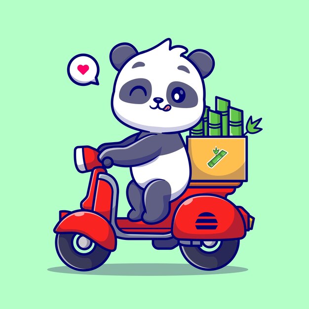 Cute Panda Riding Scooter con ilustración de icono de vector de dibujos animados de caja de bambú. Transporte de animales