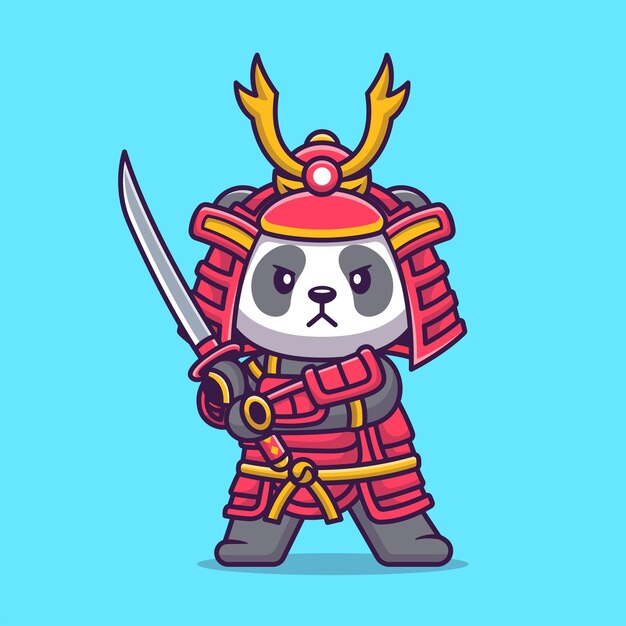 Cute Panda Samurai con Katana espada dibujos animados Vector icono ilustración Animal vacaciones aislado plano