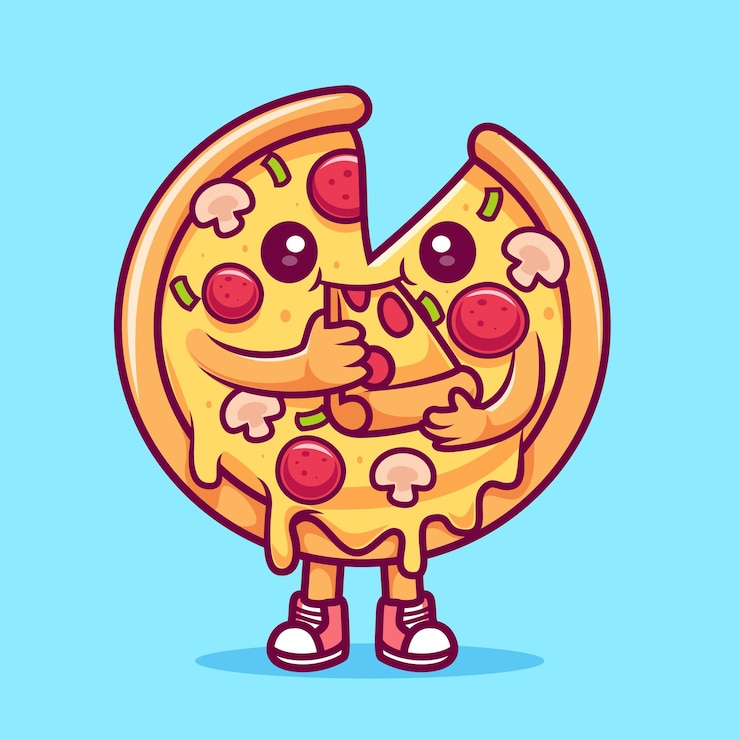 Vector gratuito cute pizza eating slice pizza cartoon vector icon illustration fast food icon isolated flat vector