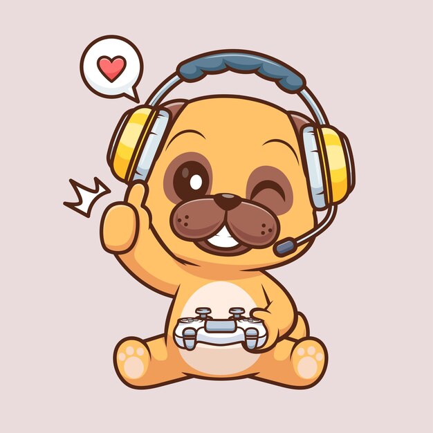 Cute Pug Dog Gaming Cartoon Icon Vector Ilustración Tecnología Animal Icon Icono plano aislado Vector
