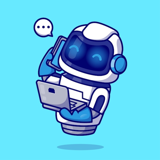 Cute Robot Holding Phone con Laptop Cartoon Vector Icon Ilustración Ciencia Tecnología Aislada