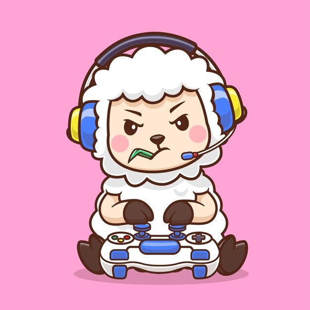 Cute Sheep Gaming Cartoon Vector Icon Ilustración Tecnología animal Vector plano aislado