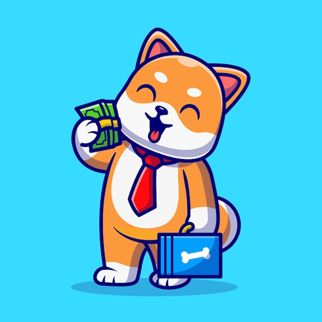 Cute Shiba Inu Business Holding Dinero Cartoon Vector Icon Illustration. Concepto de icono de negocio animal aislado Vector Premium. Estilo de dibujos animados plana