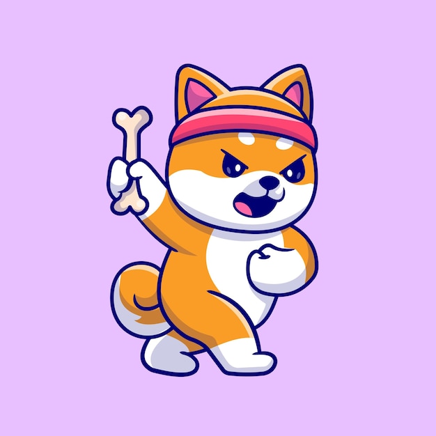 Vector gratuito cute shiba inu dog angry holding bone cartoon vector icono ilustración. naturaleza animal aislado plano