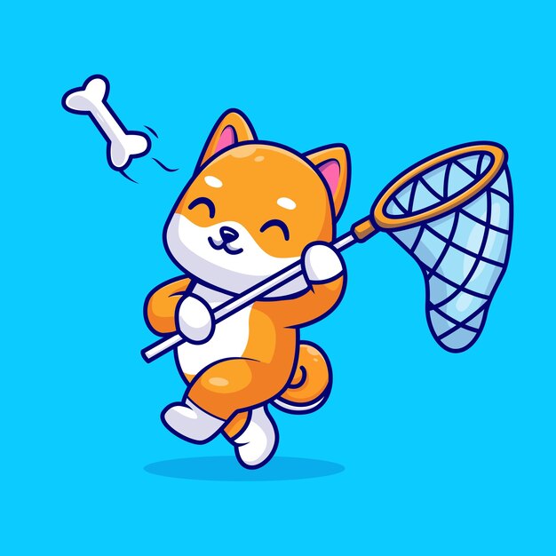 Cute Shiba Inu Dog Catching Bone con ilustración de icono de vector de dibujos animados de red de pesca. naturaleza animal