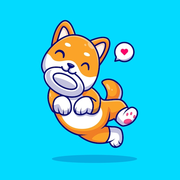 Cute shiba inu dog playing frisbee plate cartoon vector icon ilustración. naturaleza animal aislada