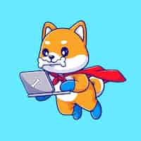 Vector gratuito cute shiba inu dog super hero playing laptop cartoon vector icon ilustración. tecnología animal