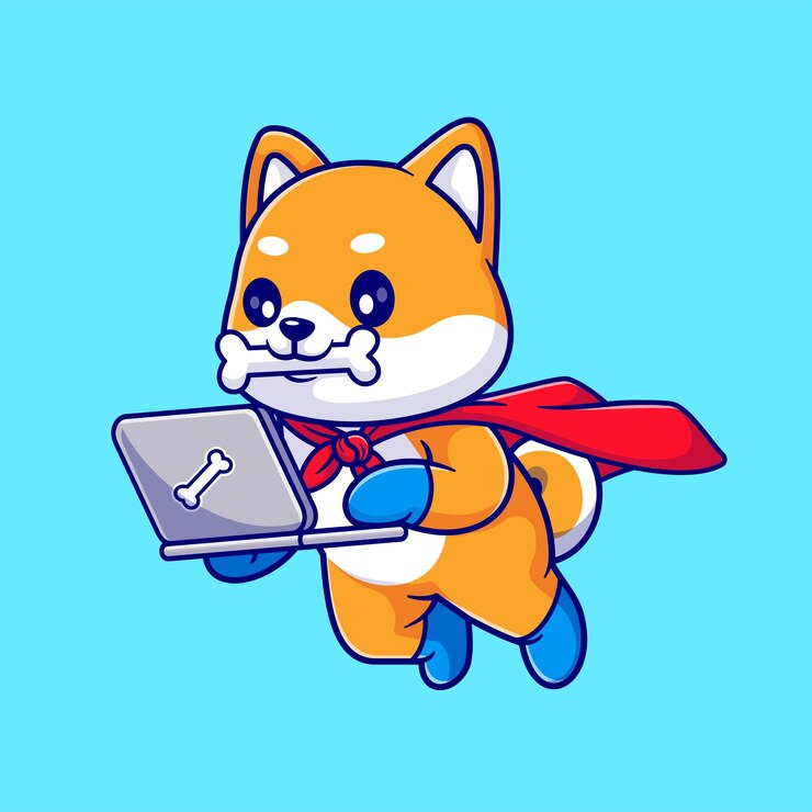Vector gratuito cute shiba inu dog super hero playing laptop cartoon vector icon ilustración. tecnología animal