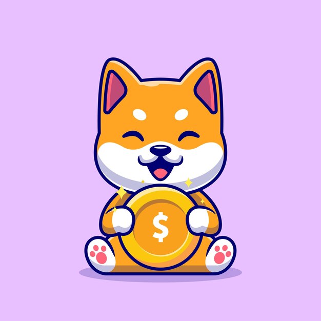 Cute Shiba Inu Holding Gold Coin Cartoon Vector Icon Ilustración. Concepto de icono de finanzas animales