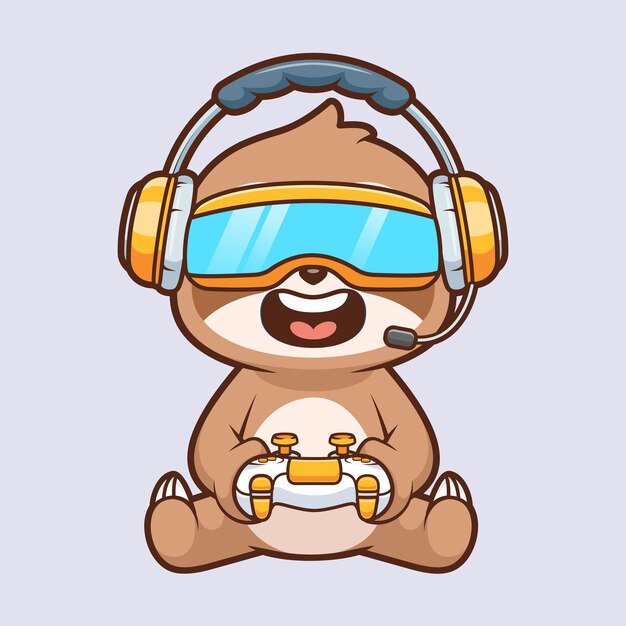 Cute Sloth jugando Vr Juego con controlador dibujos animados Icono vectorial Ilustración Tecnología animal plana