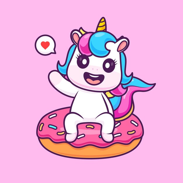 cute unicorn sitting on donut cartoon vector icon illustration animal food icon isolated flat