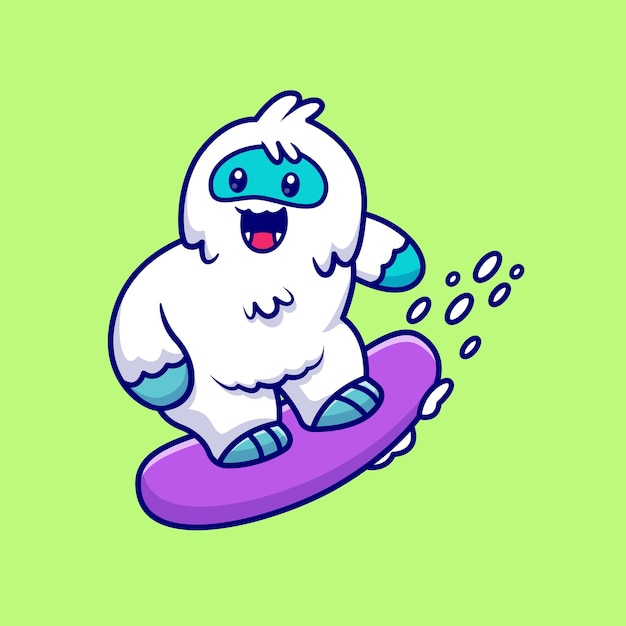 Cute Yeti Snowboarding Cartoon Icon Illustration. Concepto de icono de deporte animal aislado. Estilo de dibujos animados plana