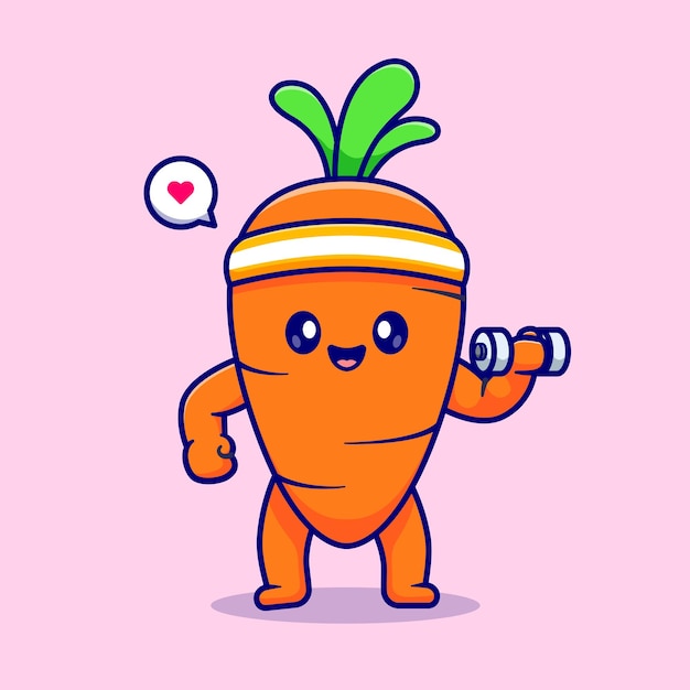 Vector gratuito cute zanahoria levantando mancuernas dibujos animados vector icono ilustración. alimentos deporte icono concepto aislado plano