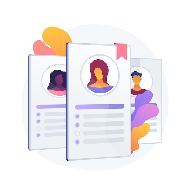 CV de empleados, CV de candidatos. Trabajadores corporativos, ID de estudiantes aislar elemento de diseño plano. Solicitudes de empleo, avatares, información personal.
