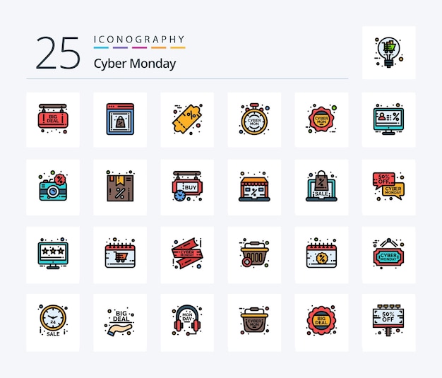 Vector gratuito cyber monday 25 line filled icon pack que incluye lunes cyber lunes precio tiempo descuento