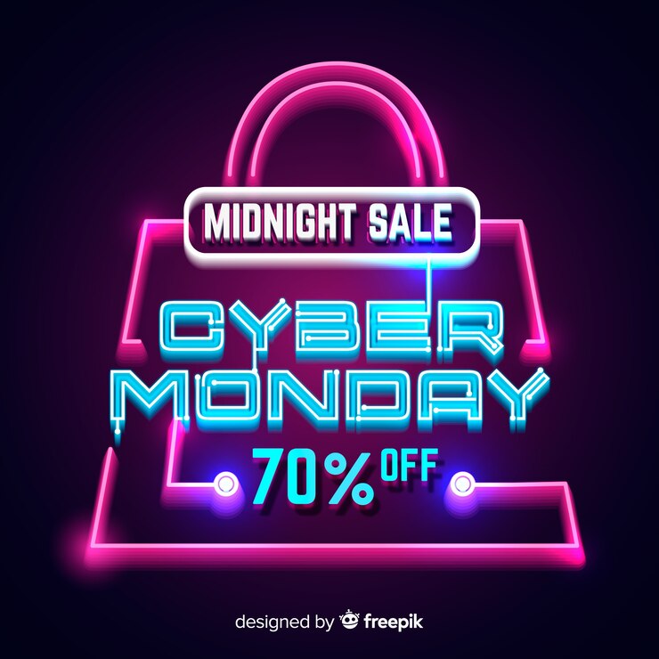 Vector gratuito cyber monday de neón con una bolsa de compras