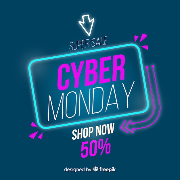 Vector gratuito cyber monday de neón en diseño plano