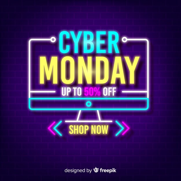 Cyber Monday de neón con forma abstracta de escritorio