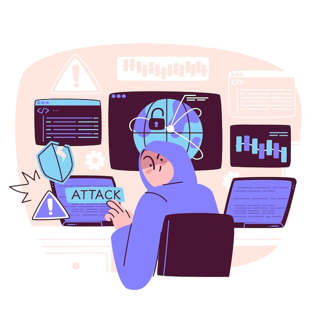 Cybersecurity threat: hacker launching a cyber attack concept illustration