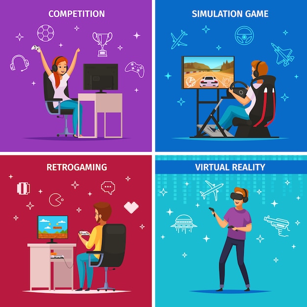 Vector gratuito cybersport jugando personajes iconos concepto cuadrado con simulación por computadora competitiva juegos deportivos aislados