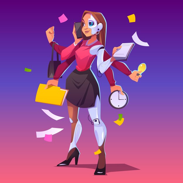 Cyborg de mujer de negocios con muchas manos