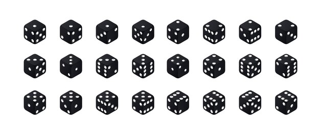 Dados isométricos. Variantes cubos de juego negro aislado sobre fondo blanco. Todos los posibles turnos de recogida.